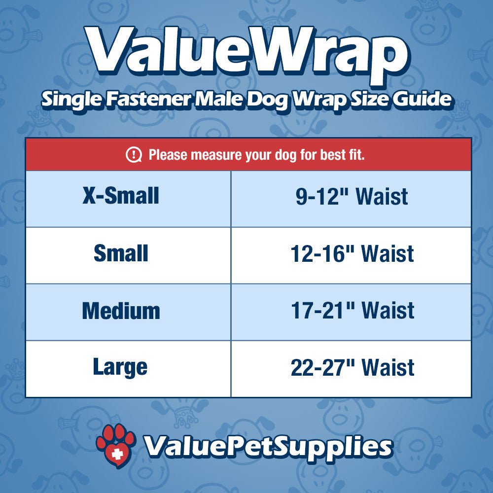ValueWrap Male Wraps, Disposable Dog Diapers, 1-Tab X-Small, 288 Count BULK PACK - Snag-Free Fastener, Leak Protection, Wetness Indicator 